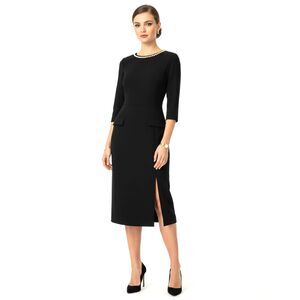 NWT Melloday Womens Small Black Pearl Mock Neck Midi Dress With Pockets Coquette